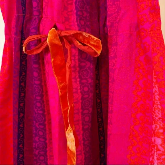 Vintage 1960s Handmade Maxi Dress Neon Pink Hot Tie Closure Stripes Hawaiin OS - Picture 4 of 9